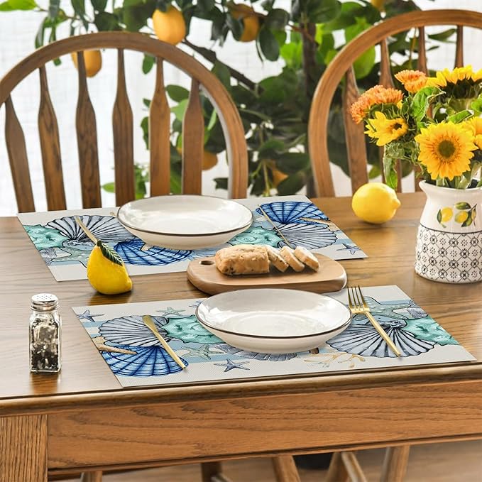 Sea Shell Starfish Beach Placemats Set of 4, 12x18 Inch Seasonal Spring Ocean Coastal Washable Linen Nautical Table Mats for Party Kitchen Dining Decoration