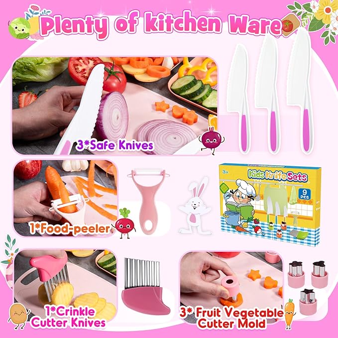 9 Pcs Kids Safe Knife Set for Real Cooking, Kids Kitchen Knife Set with Cutting Board,Crinkle Cutter,Sandwich Cutter, Montessori Kitchen Tools for Toddlers Kid 3-10 Years Old Girl Boy Birthday Gifts