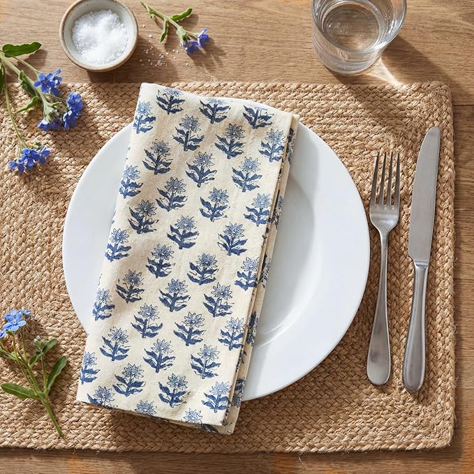 Mindsoft Set of 12 Floral Cloth Napkins Linen Cloth Napkins Spring Flower Wildflowers Dinner Napkin 18 x 18 Inch Vintage Washable Reusable for Dinner Home Restaurant Wedding Decor(Blue,12 Pcs)