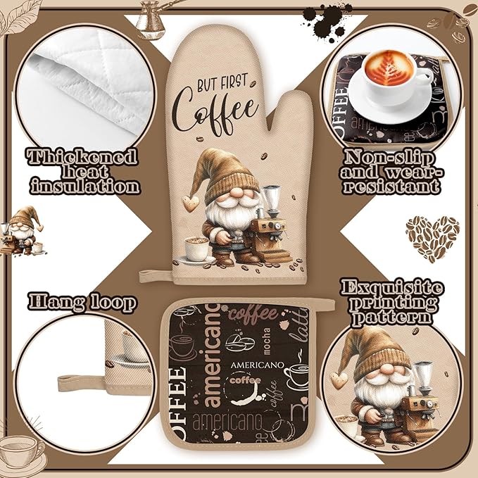 Fourluoo 10 Pcs Coffee Kitchen Decor and Accessories Oven Mitts and Pot Holders Set Coffee Dish Towels Rugs Farmhouse Kitchen Decor Vintage Potholder Brown Gloves for Baking Cooking BBQ Women Mom Gift