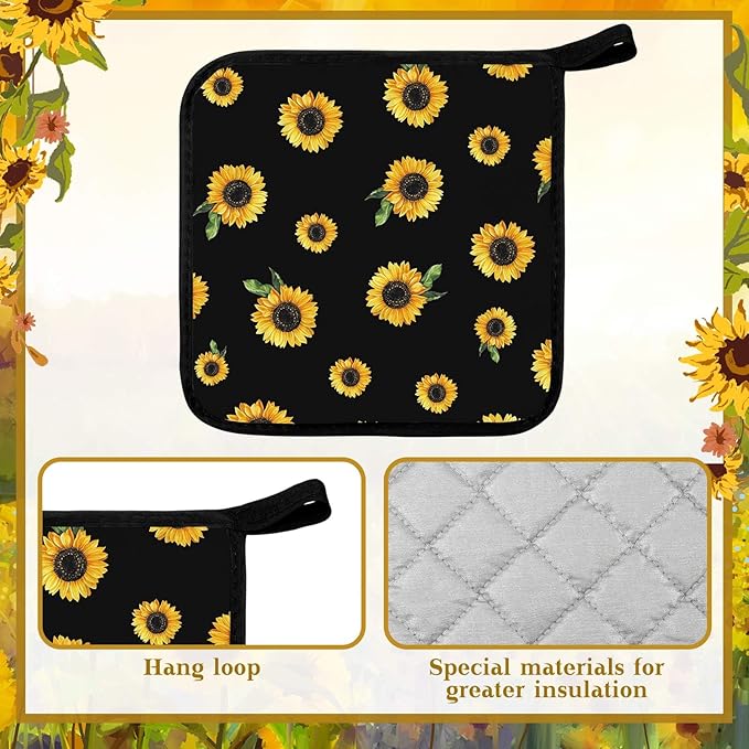 Bencailor 12 Pcs Pot Holders with Pocket Kitchen Hot Potholders Hot Pad Oven Mitts Cookie Bag Oven Gloves for Kitchen Gift Baking Cooking(Yellow,Hello Sunflower)