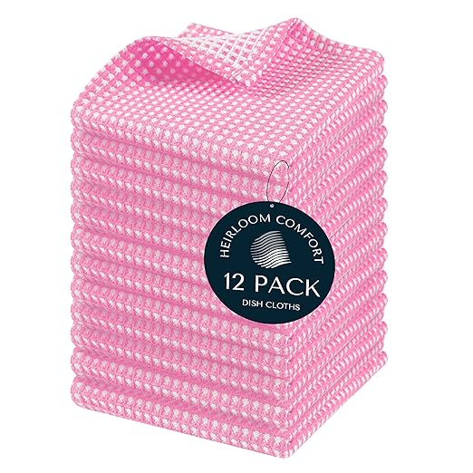 12 Pack Dual Tone Waffle Weave Dish Cloth, 12"x12", 100% Cotton, Absorbent, Fast Dry, Soft for Cleaning, Durable Dishcloth Set, Machine Washable, Hand Dish Towels, Baby Pink