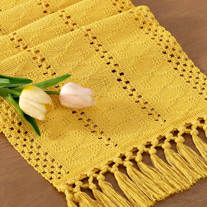 Socomi Boho Table Runner Easter Spring Farmhouse Rustic Dining Kitchen Centerpiece Decor Small Macrame Woven Cotton Linen Coffee Table Runner for Dresser Scarf Home Decor 12x72 in Yellow Gold