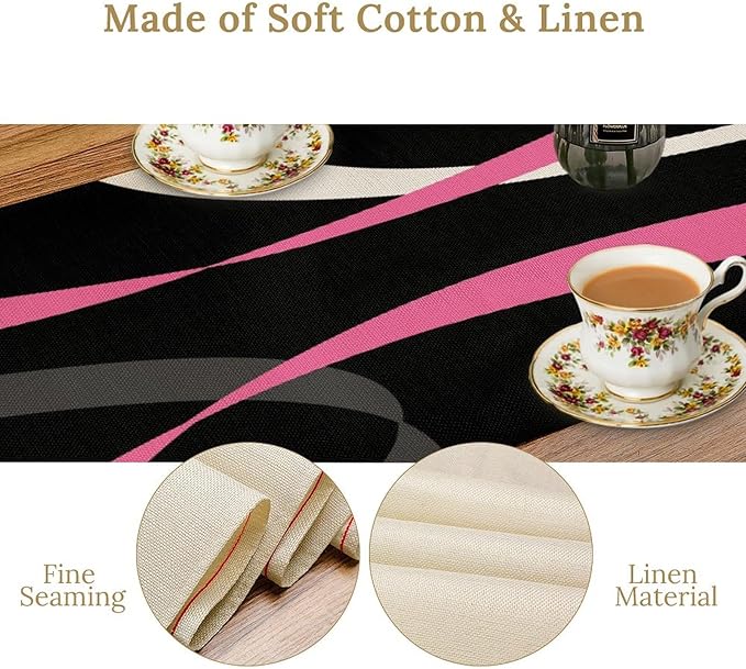Abstract Geometric Table Runner Pink Grey and White Striped Black Background Modern Kitchen Dinner Runner for Indoor Home Living Room Party Dining Table Decoration 13"x90"