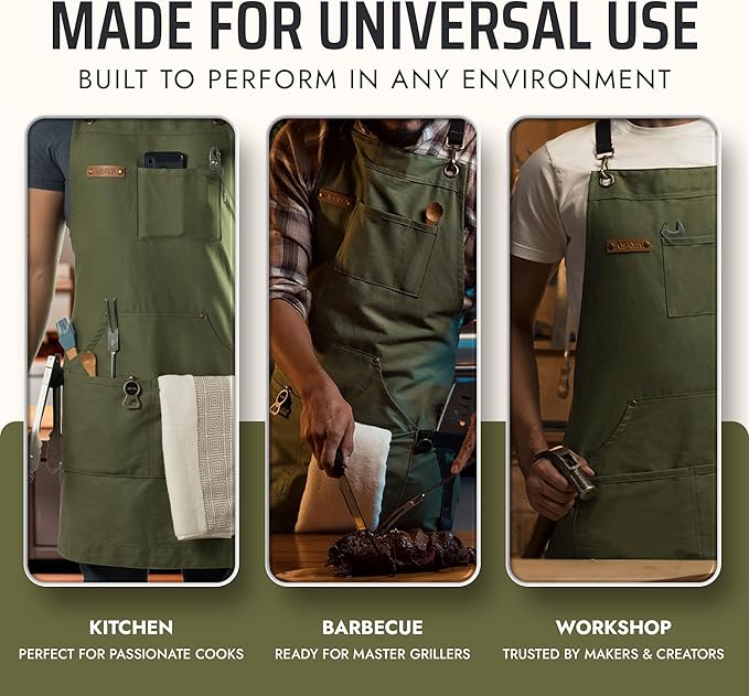 Asaya Chef and BBQ Apron with Bottle Opener and Hand Towel - 10oz Cotton Canvas, Stainless Steel Hardware - Cross Back Straps