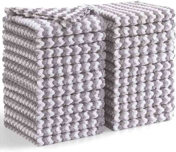 Homaxy 24 Pack Kitchen Dish Cloths, Ultra Soft and Absorbent Dish Towels, Reusable Fast Drying Microfiber Cleaning Cloth, Coral Velvet Wave Design No-lint, 10 x 10 inches, Grey