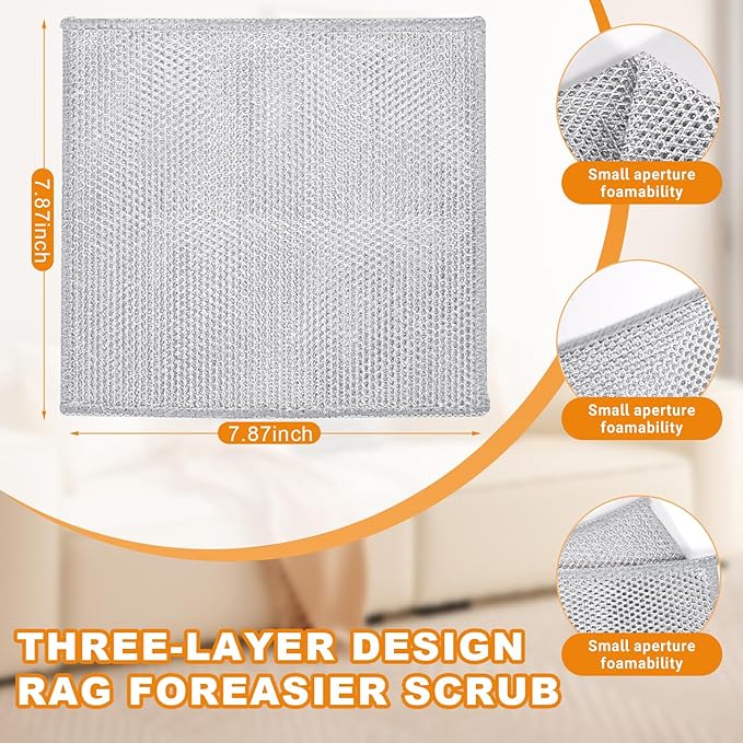 12 Pcs New Upgrade 3-Layer Metal Dish Cloth, No Scratches Wire Cleaning Cloth , Reusable Multipurpose Wire Dishwashing Rag for Kitchen Cleaning Cloths,Sinks,Dishes,Stove Top, Dimensions,7.87” x 7.87”
