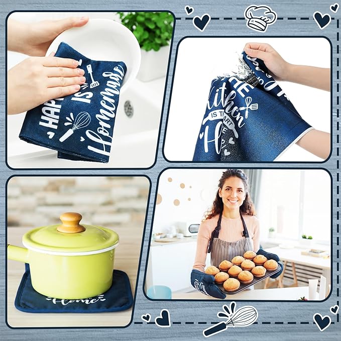 Leinuosen 8 Pcs Kitchen Towels and Oven Mitts Sets Pot Holders Dishcloths Set Kitchen Decorative Accessories Absorbent Potholders Heat Resistant for Chef Baking Cooking