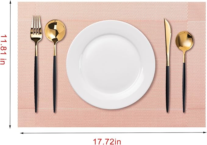 CADONO Placemats Set of 6 Washable Indoor/Outdoor Vinyl Place Mats for Dining Table Durable Non-Slip Heat Resistant PVC Weave Table Mats（Four-Corner-Peachpink）