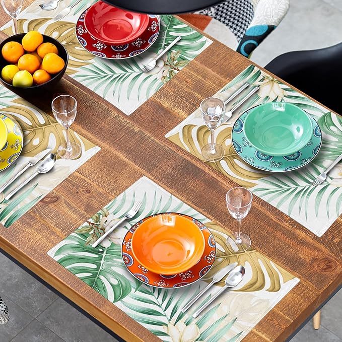 Giwawa 4PCs Tropical Palm Leaf Placemats Summer Green Brown Banana Leaves Decorative Linen Table Mat 12"x18" Hawaiian Monstera Flowers Heat Resistant Washable Place Mats for Kitchen Dining