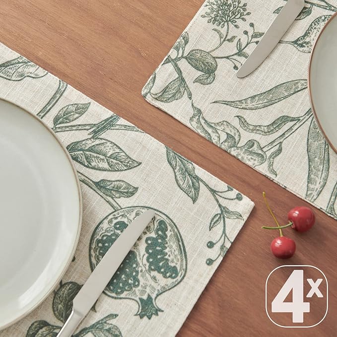 JINCHAN Linen Floral Placemats Set of Cloth Table Mats Rustic Cottagecore Botanical Outdoor Seasonal for Kitchen Dining Decor Heat Resistant Non-Slip Washable Tablemats 13x19 Inch Dark Green