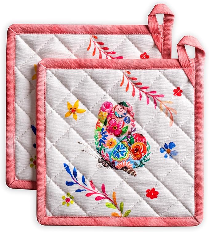Maison d' Hermine Pot Holders 100% Cotton Heat Resistant Potholders 8" x 8" Hot Pads with Loop Baking Gifts for Mothers Day Handling Hot Pans Spring/Summer(Pack of 2, Happy Florals - High Summer)
