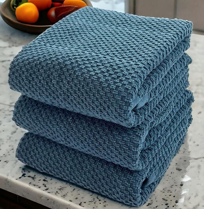 Serafina Home Teal Dark Blue Kitchen Dish Hand Towels 100% Cotton Cloth Soft Cleaning Drying Absorbent Terry: Set of 3 Multipurpose for Everyday Use Oversized 18" x 28"