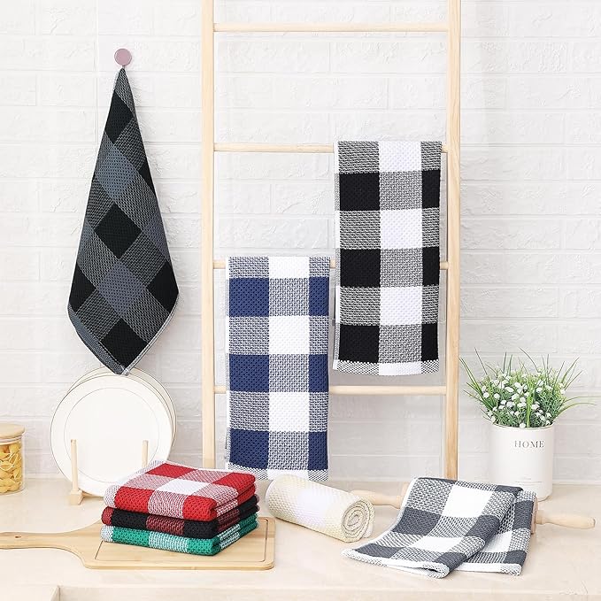 Homaxy 100% Cotton Waffle Weave Check Plaid Kitchen Towels, 13 x 28 Inches, Super Soft and Absorbent Dish Towels for Drying Dishes, 4-Pack, White & Dark Grey