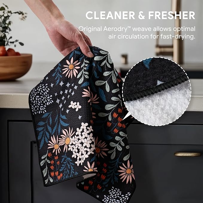 RECYCO Waffle Kitchen Towel Set of 2 - Quick Dry Microfiber Sustainable Dish Towels - Ultra Absorbent Reusable Cleaning Tea Towels - Lightweight Hand Towels,16”x 28”, Enchanted Bloom
