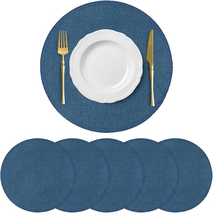 Round Placemats Set of 6, 15 Inch Linen Fabric Table Placemats, Heat Resistant, Wrinkle Free Washable Placemats Kitchen Place Mats Set of 6 for Dining Table Party Table (Navy Blue, 6)
