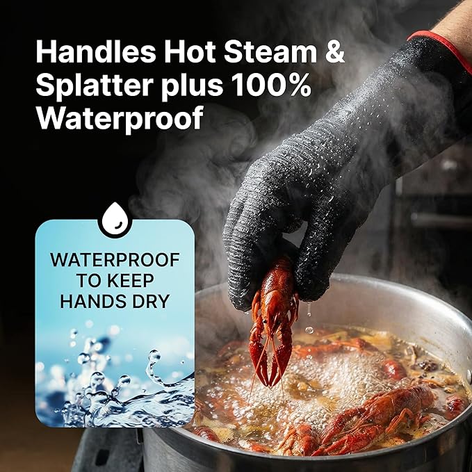 BBQ Gloves - Waterproof and Extreme Heat Resistant up to 932°F - Food-Grade Neoprene Rubber Mitts for Cooking, Grill, Grilling, Oven, Baking, Fire Pit - Non-Slip Grip, Cotton Lining and 14” Sleeve