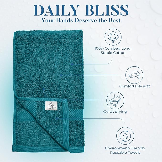 DAN RIVER 6-Pack Premium Hand Towels (16x28 Inches) - 100% Cotton, Ultra Soft, Lightweight, Highly Absorbent Towels for Bathroom, Spa, Gym, Salon, Hotel, and Travel - Teal
