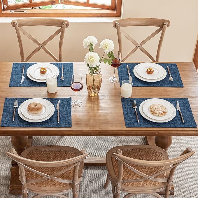 Blue Forest Placemats Set of 8, Dual-Layered Thickened Faux Linen Cloth Place Mats Heat Resistant Machine Washable Wrinkle Free Table Mats Indoor/Outdoor (Navy Blue)