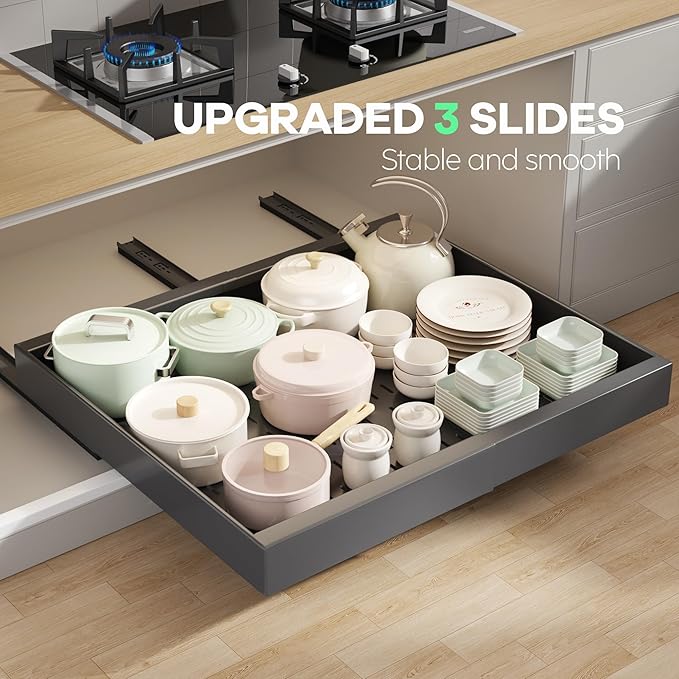 Seinloes 4 Pack Pull out Cabinet Organizer 21" Deep With Raising Pad for Framed Cabinets,Expandable (15.2"-26.3"W) Slide out Drawers for Kitchen Cabinets with 4pcs Divider Racks,Roll out Shelves,Black