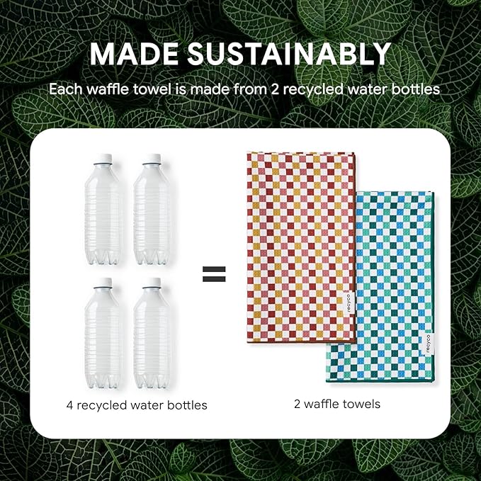 RECYCO Waffle Kitchen Towel Set of 2 - Quick Dry Microfiber Sustainable Dish Towels - Ultra Absorbent Reusable Cleaning Tea Towels - Lightweight Hand Towels,16”x 28”, Checkerboard Bliss