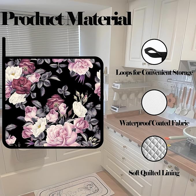 Vintage Rose Peony Pot Holders 2 PCS,Kitchen Heat Resistant Hot Pads for Cooking Grilling Baking BBQ, Pot Holders for Women Cook Home Microwave