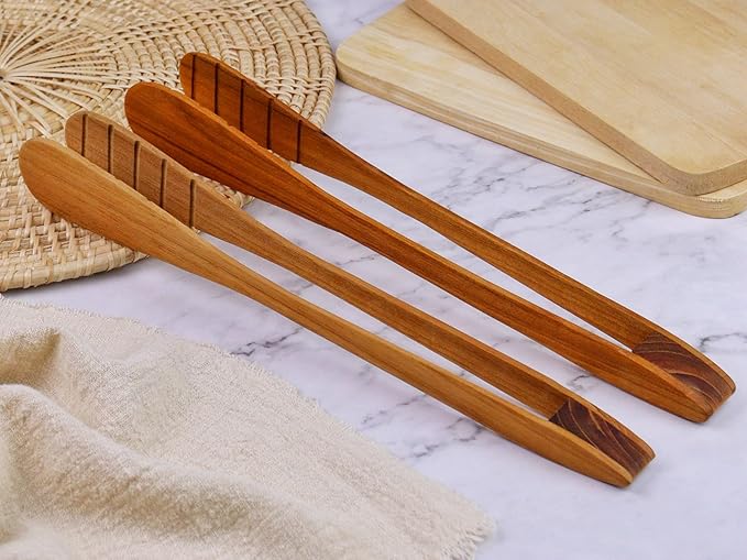 Teak Wood Toast Tongs – 12 Inches Long Wooden Toaster Tongs with Anti-Slip Design for Bread, Meat, and Pasta