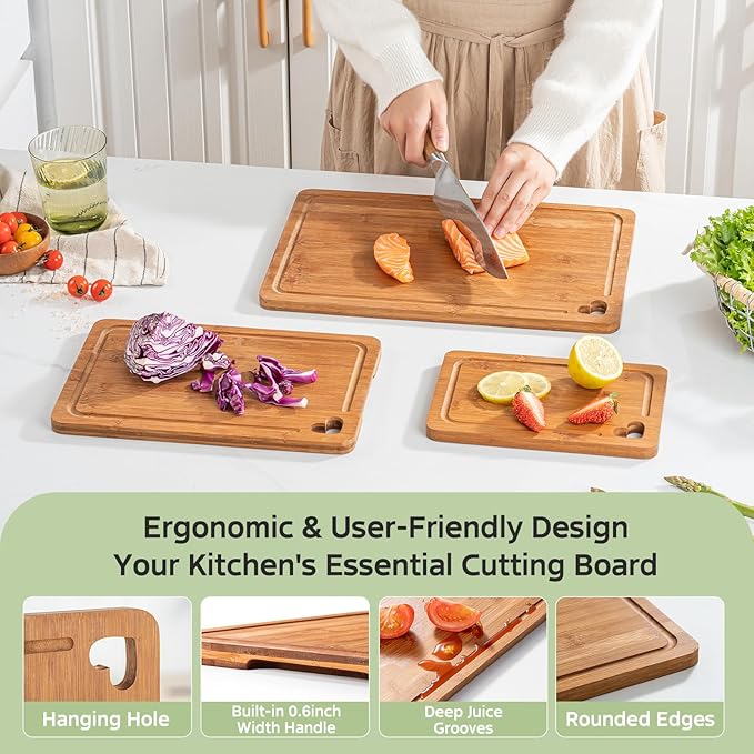 Bamboo Cutting Boards for Kitchen(Set of 3), Wood Cutting Board with Wood Storage Stand, Charcuterie & Chopping Board for Vegetables and Meat, with Deep Juice Groove, Ideal Kitchen Gifts