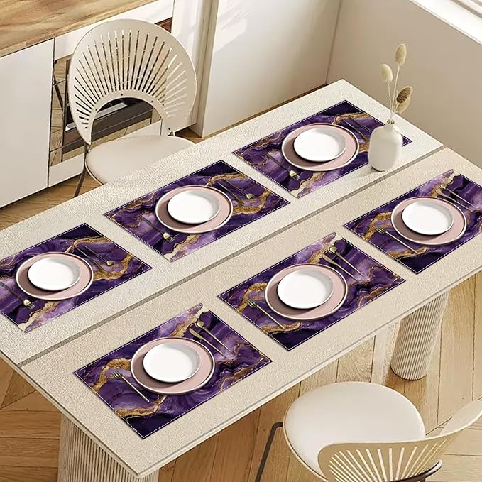 Purple Gold Marble Placemats Set of 6, Washable Heat Resistant Table Mat Linen Place Mats for Party Kitchen Dining Home Decor 12x18 Inch