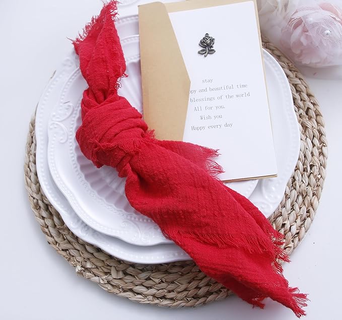 Cloth Napkins with Fringe Set of 12,100% Soft Cotton, Gauze Washable Napkins for Wedding Decorative,Valentine's Day, Dinner Parties,(16''*16'') Red