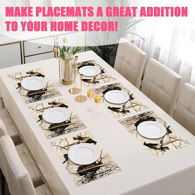 Crows Tree Branch Placemats Set of 6,12x18 Inch Bird Linen Place Mat Washable Stain Resistant Table Mats for Spring Summer Halloween Farmhouse Kitchen Party Home Decor