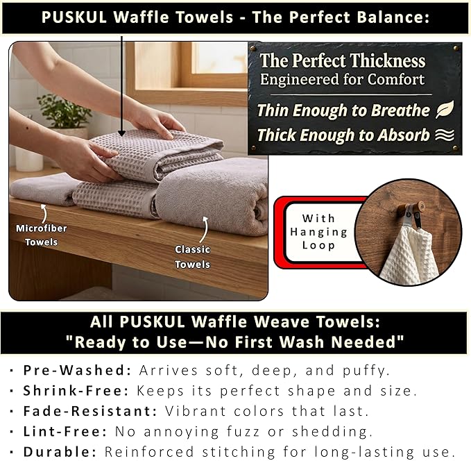 PÜSKÜL Natural 100% Turkish Cotton Waffle Bath Towels Set of 2-Piece | 32x63 inch Extra Large Absorbent Quick-Dry Lightweight Spa Towel | Luxury Sauna Accessories (Gray, Bath Towels - Pack of 2)