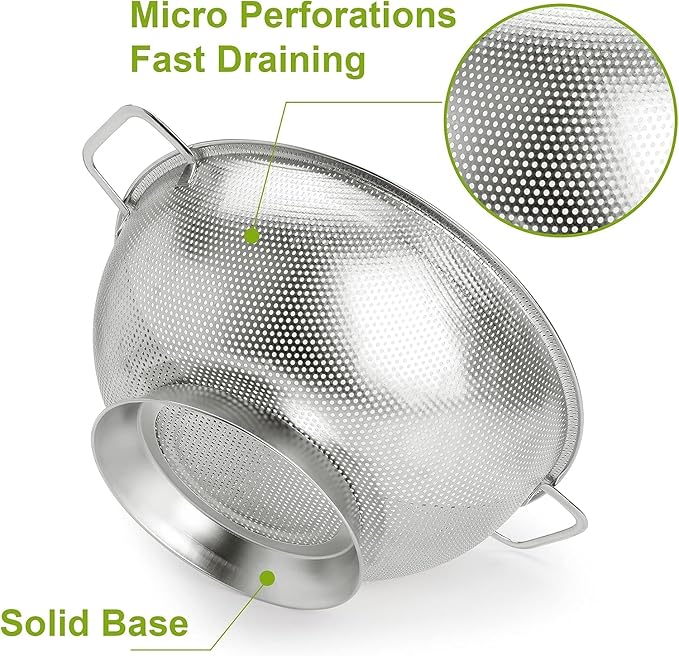 Gulex Stainless Steel Colander and Strainer Set(5-Quart and 3-Quart)， Strainer for Kitchen Food, Dishwasher Safe