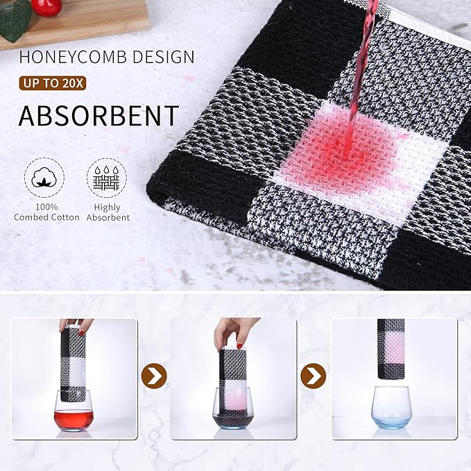 Mordimy Kitchen Towels and Dish Cloths Set, 28 X 13 Inch and 12 X 12 Inch, Set of 8 Soft and Super Absorbent Dish Towels for Drying Dishes, Black & White