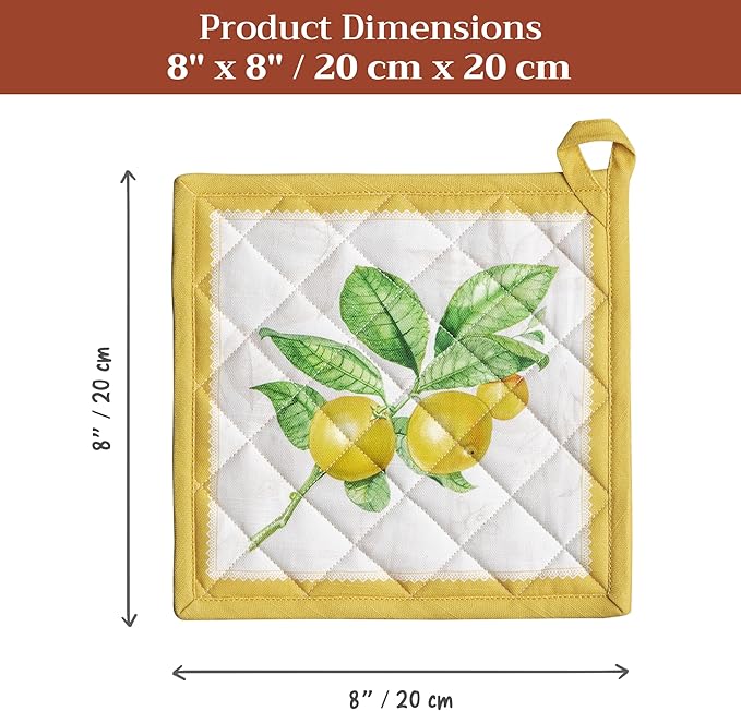 Maison d' Hermine Pot Holders 100% Cotton Heat Resistant Potholders 8" x 8" Hot Pads with Loop BBQ Cooking Baking Gifts for Mothers Day Handling Hot Pans Spring/Summer (Pack of 1, Limoncello)