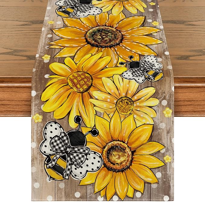 Artoid Mode Wood Sunflower Bee Flower Polka Dot Summer Table Runner, Seasonal Kitchen Dining Table Decoration for Home Party Decor 13x90 Inch