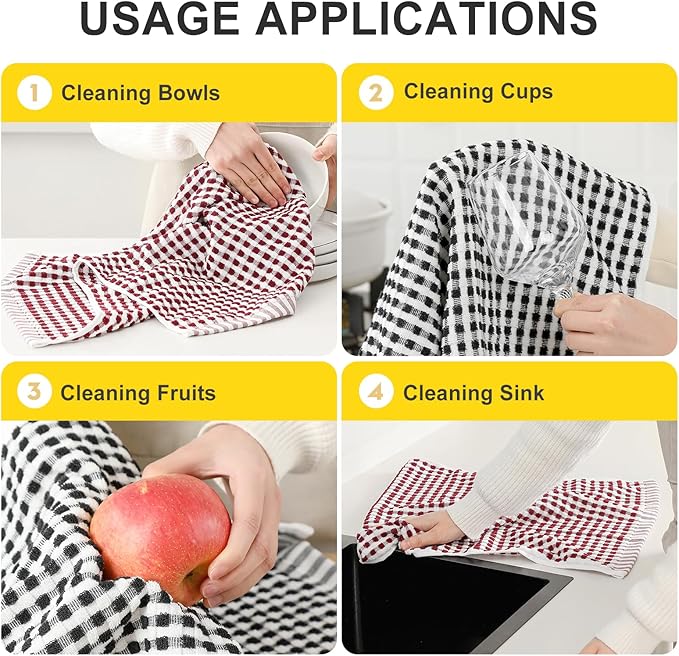 SALAS Cotton Dish Towels Cloths for Kitchen Drying Dishes, Lattice Terry Kitchen Towels, Absorbent Cloths with Hanging Loop, 16‘’ x 26‘’, 4 Packs, Wine Red and Black