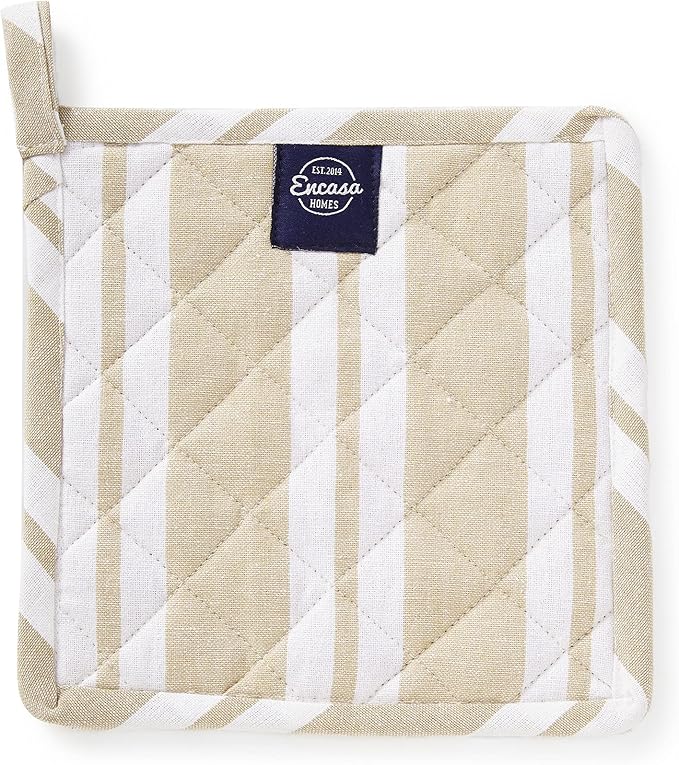 Encasa XO 8 inches Oven Microwave Potholders (2 pc Set) for Kitchen Cooking & Baking - Heat Resistant, Thick & Safe, Protection of Hands from Hot Utensils - Franca Beige Stripes