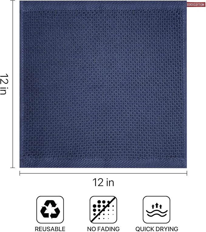 100% Cotton Waffle Weave Kitchen Towels, 6 Pack Dish Cloths for Washing Dishes, Ultra Soft Absorbent Dish Towels, Quick Drying Kitchen Rags, 12x12 Inches, Dark Blue