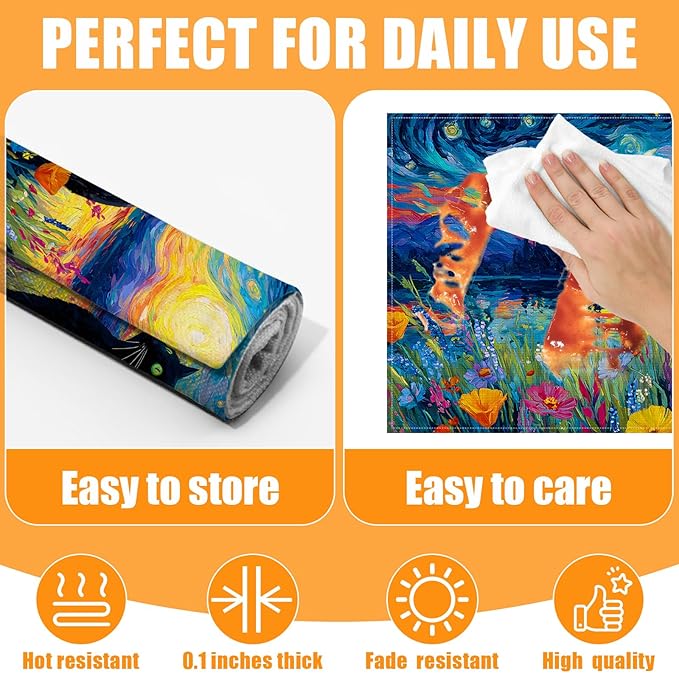 Starry Night Cat Placemats Set of 6,12 x 18 Inch Table Mats Washable Heat Resistant Linen Fabric Rectangle Place Mat for Party Home Kitchen Dining