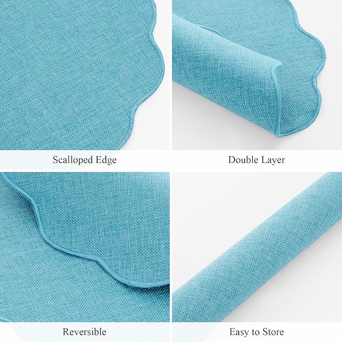 SHACOS Scalloped Round Placemats Set of 6 Polyester Linen Blend 15 inch Washable Non Slip Place Mats Easy Clean Heat Resistant Table Mats for Kitchen Dining Table Decor, Blue Green