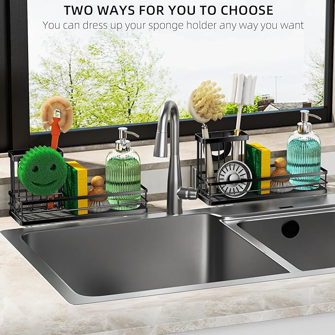 Galasily Sink Caddy Organizer with Water Absorbing Stone Tray, Instant Dry Sponge Holder Smiley Face, Dish Brush Holder for Countertop, Kitchen Storage Accessories and Organization Essentials (Black)