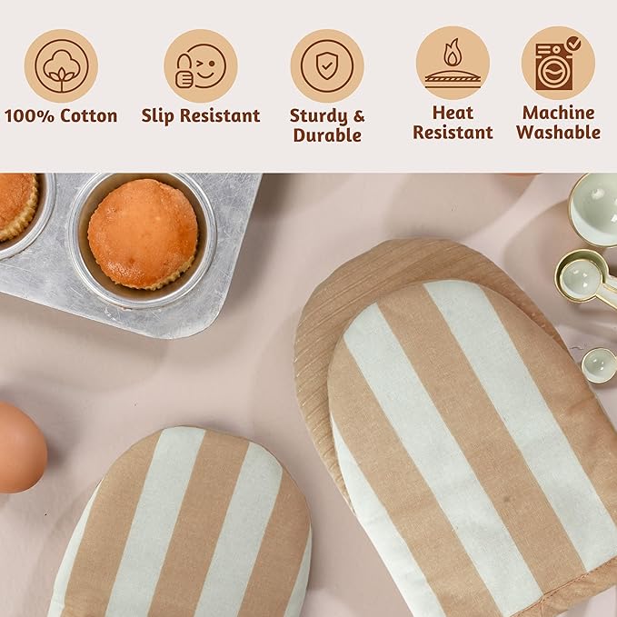 Folkulture Oven Mitts - Set of 2 (5.75"x9") | Oven Mitts with Hanging Loop for Cooking Gifts for Women, Kitchen Decor| 100% Cotton, Silicone Heat Resistant Mini Mitts - House Warming Gifts (Latte)