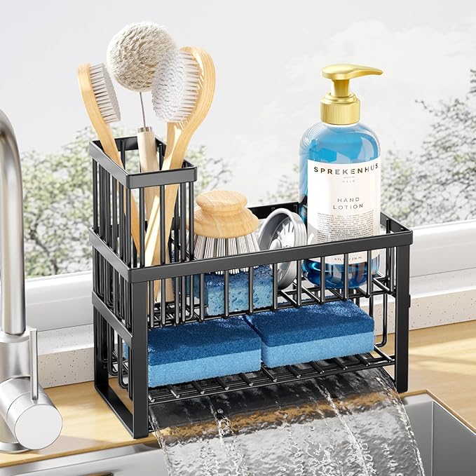 Kitsure Sponge Holder for Kitchen Sink - Rustproof Stainless Steel Sink Caddy Organization and Storage Essentials with High Brush Holder, Home Decor Accessories, 9.3" x 4.1" x 8.5", Black