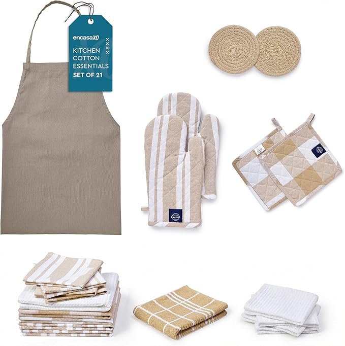 Encasa XO Kitchen Towels and Dishcloths Sets | 21 Pc Apartment Essentials Set | Oven Mitts and Pot Holders with Hanging Loop | Cooking Apron, Dish Cloth, Flour Sack and Coasters Beige Combo