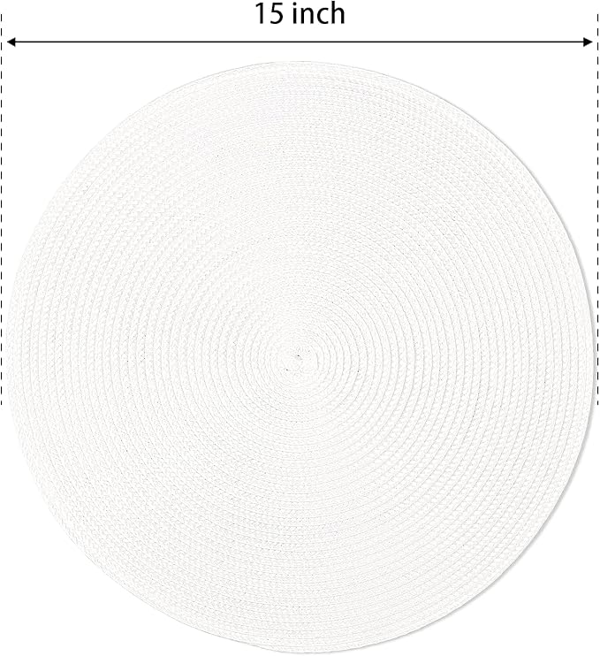 FunWheat Round Braided Placemats Set of 6 Table Mats for Dining Tables Woven Washable Non-Slip Place mats 15 inch(White, 6pcs)