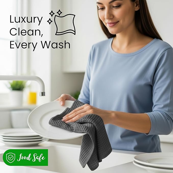 WHITEWRAP Premium Cotton Classic Waffle Weave Kitchen Dish Cloths, 12x12 Inch Ultra Absorbent Lint-Free Dish Towels, Fast Drying Dishcloths for Washing Dishes, 6 Pack, Grey