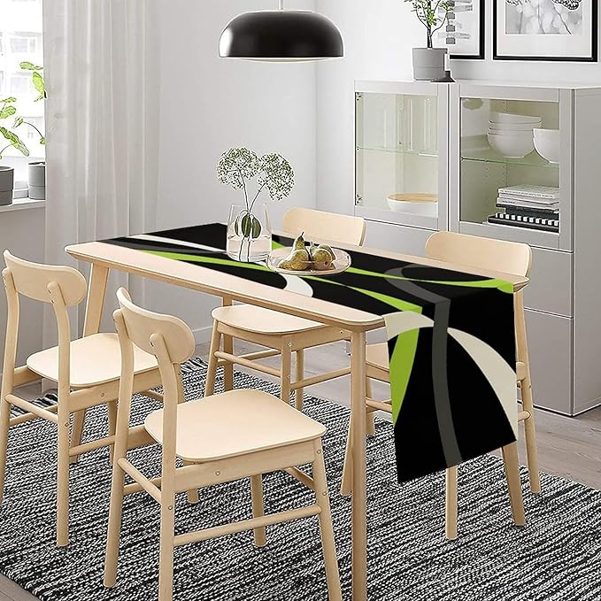 Abstract Geometric Table Runner Green Grey and White Striped Black Background Modern Kitchen Dinner Runner for Indoor Home Living Room Party Dining Table Decoration 13"x70"