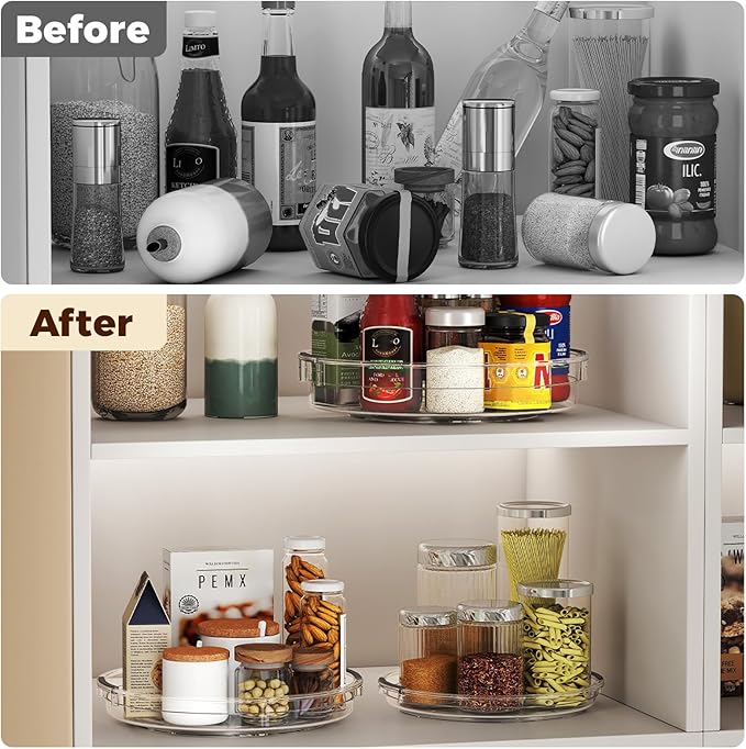 3 Pack Clear Lazy Susan Turntable Organizer for Cabinet, Table Top, Refrigerator, Kitchen Pantry Organizers and Storage, Spice Organizer, 12'', 10.6'', 9.25''