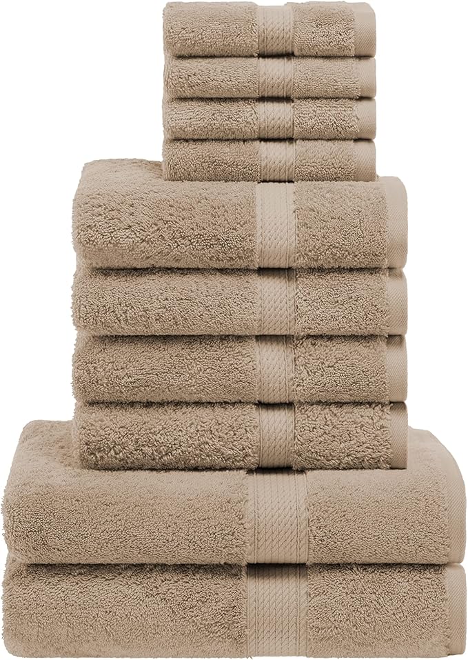 Superior Egyptian Cotton Pile 10 Piece Towel Set, Includes 2 Bath, 4 Hand, 4 Face Towels/ Washcloths, Ultra Soft Luxury Towels, Thick Plush Essentials, Guest Bath, Spa, Hotel Bathroom, Latte